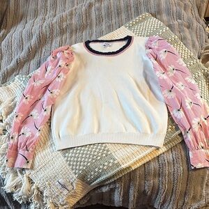 Fate Women's White and Pink Sweater with Floral Sleeves